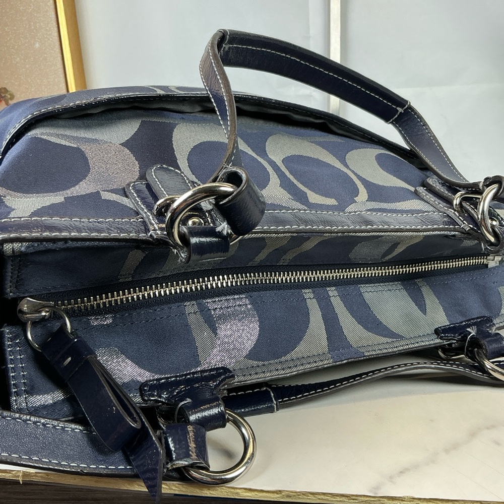 Coach Y2K Optic Art Signature Navy Blue‎ Silver Metallic Tote Shoulder Bag - Picture 6 of 15